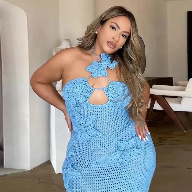 See Through Crochet Floral Knit Sexy Maxi Dress For Women Halter Sleeveless Backless Party Long Dress Beachwear New