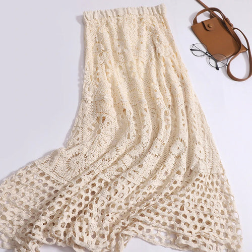 Load image into Gallery viewer, Women Beige Elegant High Waist Hollowed Out Lace Up Knitted Skirt Summer Vintage Bohemian White Vacation Long Skirt Romantic New

