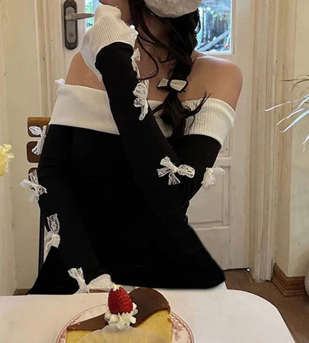 Korean Fashion Patched Bow Women T-shirts Pullover Slim Coquett Clothes Off Shoulder Top Lolita Contrast Color Knit