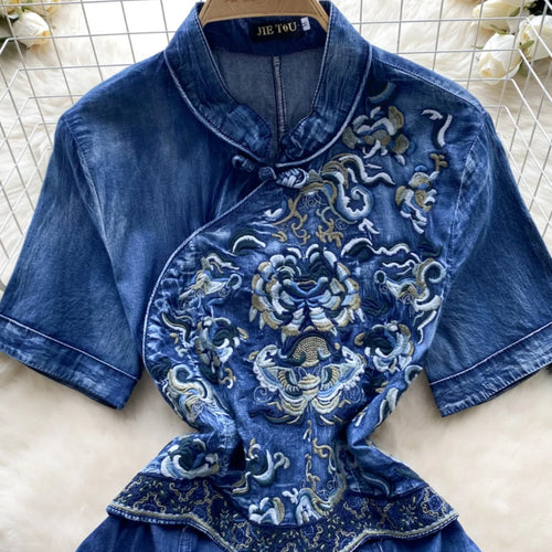 Load image into Gallery viewer, Vintage Chinese Style Summer Blue Embroidery Denim Long Dress Women Stand Neck Elegant Short Sleeve Festival Party Evening Dress
