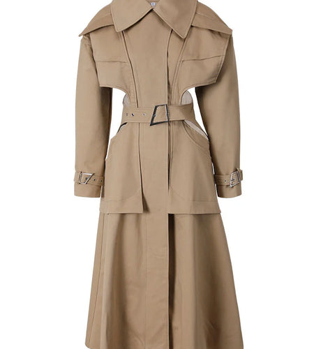 Women Cut-out Big Size Camel Long Trench New Lapel Long Sleeve Loose Fit Windbreaker Fashion Spring Autumn 2025 1DH058004