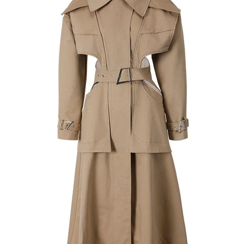 Load image into Gallery viewer, Women Cut-out Big Size Camel Long Trench New Lapel Long Sleeve Loose Fit Windbreaker Fashion Spring Autumn 2025 1DH058004
