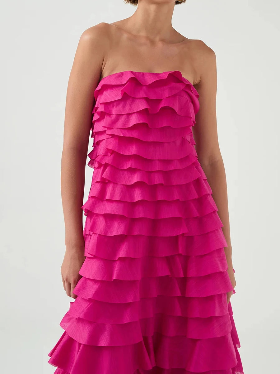 Solid Spliced Ruffles Loose Dresses For Women Strapless Sleeveless High Waist Temperament Dress Female Fashion New