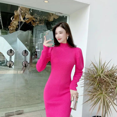 Load image into Gallery viewer, Korean Version Autumn 2024 New Women's Half High Neck Knitted Dress Elegant Festival Slim Long Sleeve Dress Simplicity Clothing
