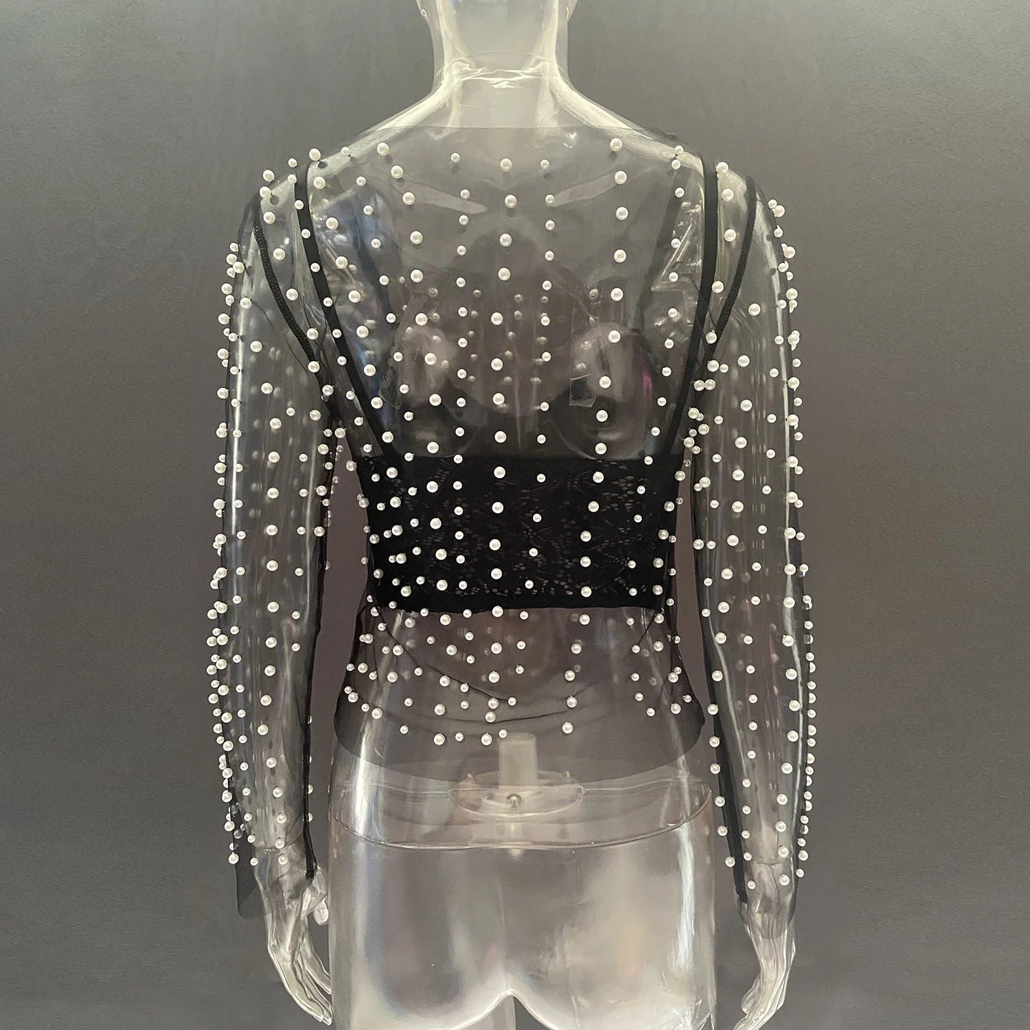 Pearl Mesh See Through T-shirt Women Fashion Long Sleeve Pullover Blouse Ladies Summer U Neck Sexy Tee Shirt Tops