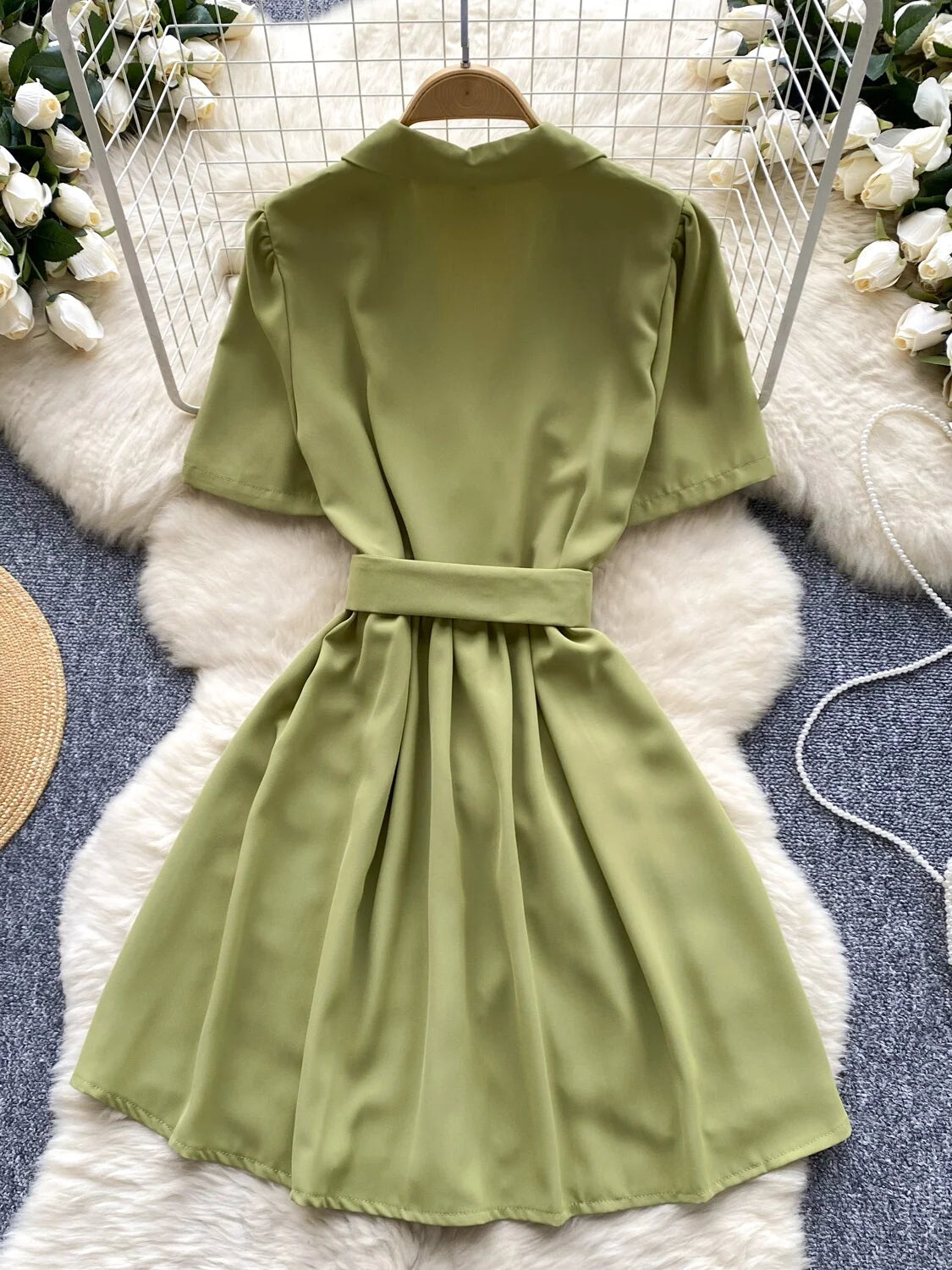 Women Black Single Breasted Temperament Blazer Dress 2024 Summer Clothing Green Elegant Office Short Sleeve Pleated Mini Dresses