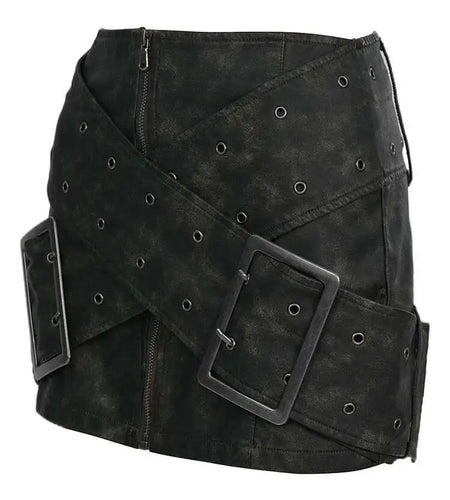 High Waist Green Big Buckle Cross Pu Leather Vintage Mini Half-body Skirt Women Fashion Tide New Spring Autumn 2025 7AB874