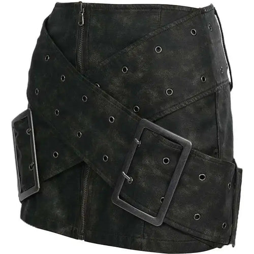 Load image into Gallery viewer, High Waist Green Big Buckle Cross Pu Leather Vintage Mini Half-body Skirt Women Fashion Tide New Spring Autumn 2025 7AB874

