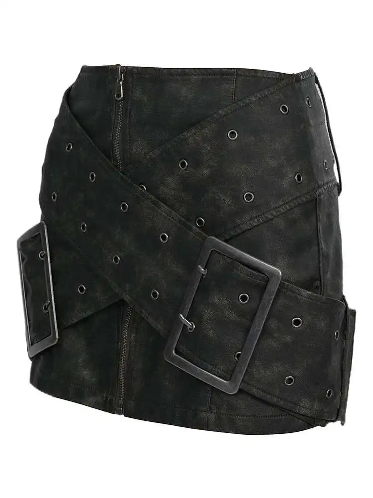 High Waist Green Big Buckle Cross Pu Leather Vintage Mini Half-body Skirt Women Fashion Tide New Spring Autumn 2025 7AB874