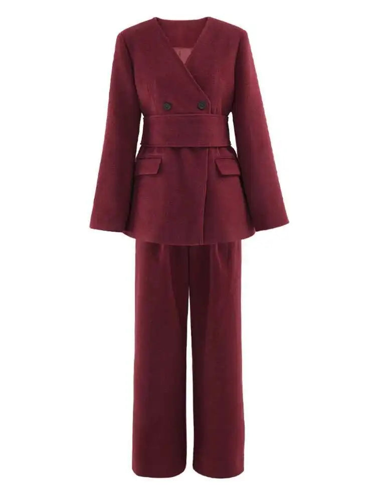 Big Size Red Blazer Wide Leg Pants Two Piece Suit New V-Neck Long Sleeve Women Fashion Tide Spring Autumn 2025 LM0110803