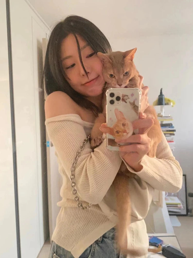 Autumn Knitted Slash Neck Off Shoulder T-shirts Slim Single Breasted Slim Fit Tops Women Black Sexy Y2k Aesthetic Grunge Tees