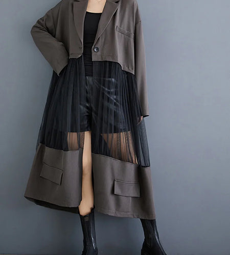 Black Mesh Perspective Big Size Long Jacket New Lapel Long Sleeve Women Coat Fashion Tide Spring Autumn 2025 1DJ0333