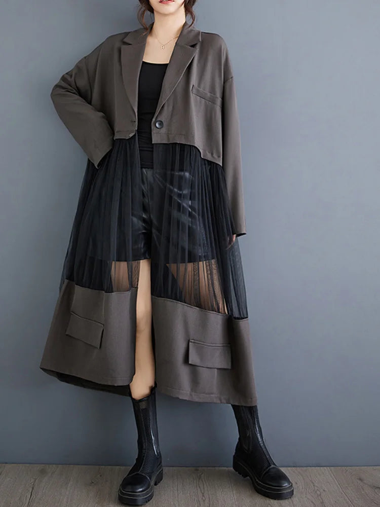 Black Mesh Perspective Big Size Long Jacket New Lapel Long Sleeve Women Coat Fashion Tide Spring Autumn 2025 1DJ0333