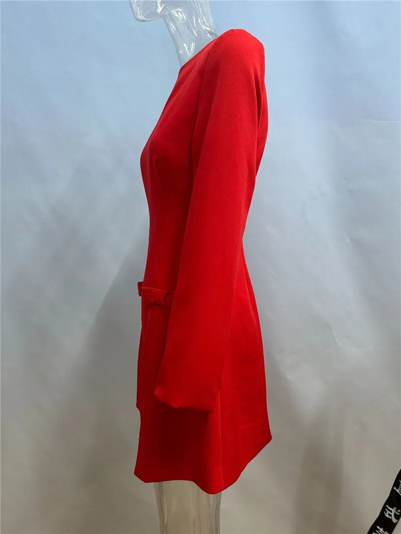 Double Bow Long Sleeve Sexy Mini Dress For Women Autumn Winter New Solid High Waist Bodycon Club Party Dress Elegant