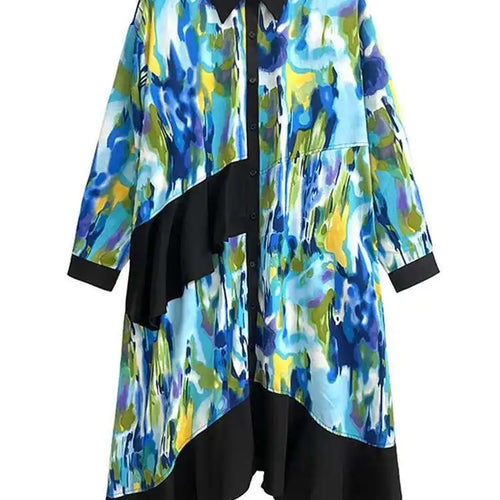 Load image into Gallery viewer, Women Green Pattern Printed Irregular Big Size Shirt Dress New Lapel Long Sleeve Fashion Tide Spring Autumn 2025 1DH4829
