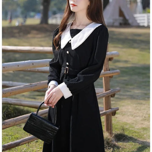 Load image into Gallery viewer, Preppy Style School Corduroy Dress Women Sweet Kawaii Black Long Sleeve Midi Dresses with Belt Korean Autumn Winter
