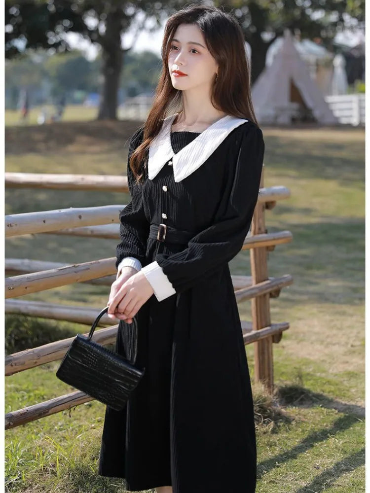 Preppy Style School Corduroy Dress Women Sweet Kawaii Black Long Sleeve Midi Dresses with Belt Korean Autumn Winter