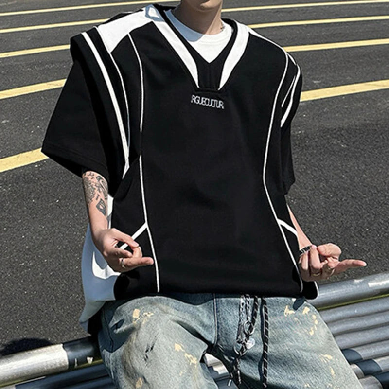 Men's T-shirts Short Sleeve Trendy Contrast Color Shoulder Pad Fake Two-piece Handsome Design Pullover Menwear 9W1703