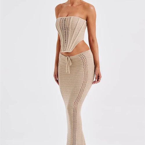 Load image into Gallery viewer, Elegant Knit Skirt Two Piece Sets Women Strapless Bandage Crop Tops And Maxi Skirt Femme Lace Up Sexy Ttwo Piece Sets
