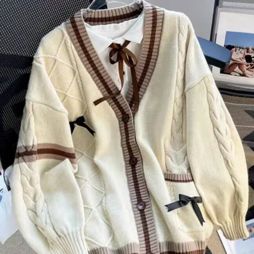 Load image into Gallery viewer, Sweet Bow Knitted Cardigans Y2k Aesthetic All Match Contrast Color Coats Fashion Single Breasted Women Kawaii JK Sweaters Jumper
