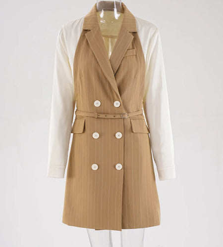 Women Khaki Striped Back Pleated Long Elegant Blazer New Lapel Long Sleeve Jacket Fashion Tide Spring Autumn 2025 CPDB201