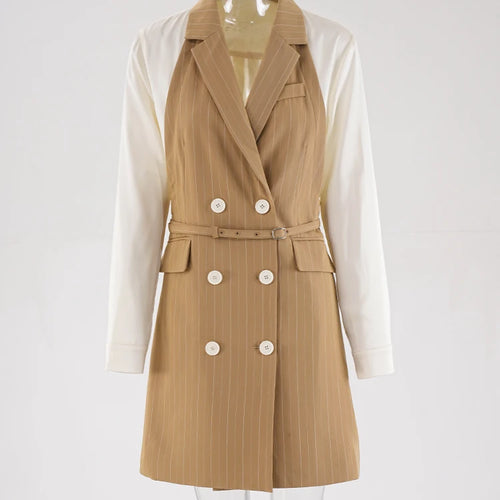 Load image into Gallery viewer, Women Khaki Striped Back Pleated Long Elegant Blazer New Lapel Long Sleeve Jacket Fashion Tide Spring Autumn 2025 CPDB201
