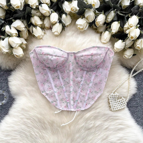 Load image into Gallery viewer, French Vintage Bohemian Summer Elegant Print Sexy Club Strapless Lace-up Short Tops Women Backless Fashion Irregular Clothes New
