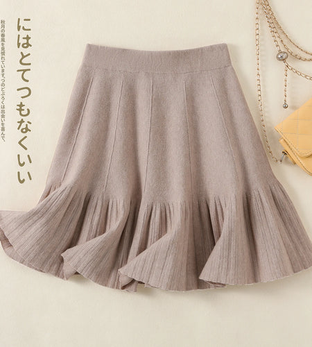 Korean Fashion Autumn Winter Warm Women Solid Knitted Short Skirt High Waist Ruffle Edge A-line Pleated Skirt 2024 New Versatile