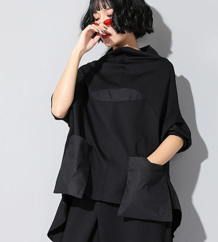 Women Black Loose Pocket Irregular Hem Big Size T-shirt New Turtleneck Long Sleeve Fashion Tide Spring Autumn 2025 JQ01801