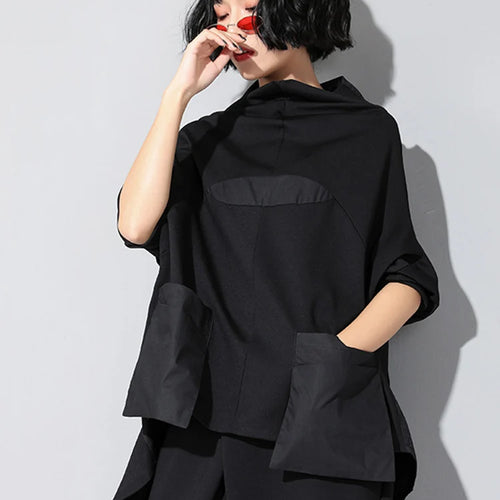 Load image into Gallery viewer, Women Black Loose Pocket Irregular Hem Big Size T-shirt New Turtleneck Long Sleeve Fashion Tide Spring Autumn 2025 JQ01801
