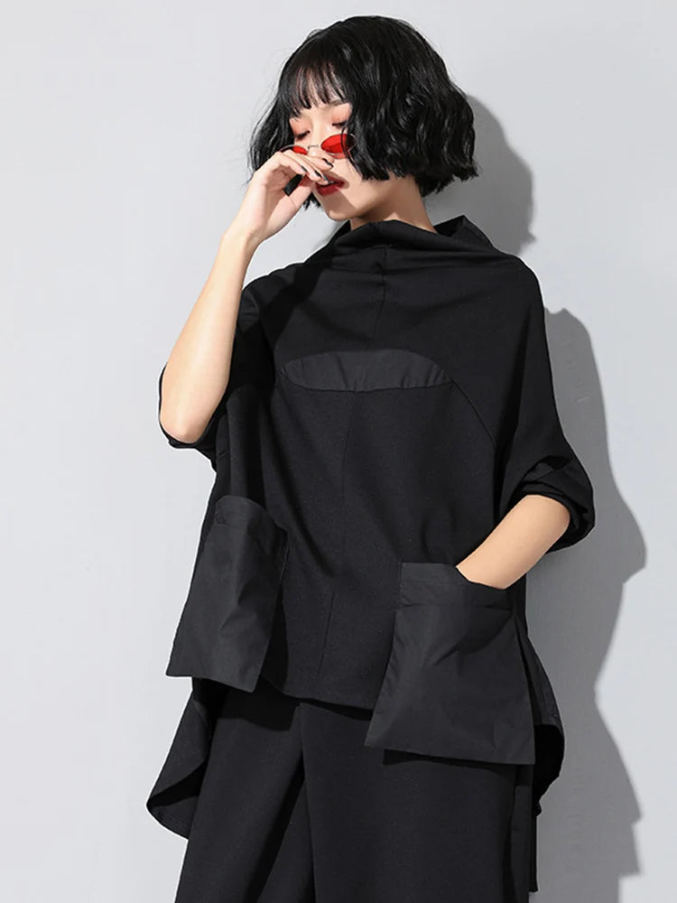 Women Black Loose Pocket Irregular Hem Big Size T-shirt New Turtleneck Long Sleeve Fashion Tide Spring Autumn 2025 JQ01801
