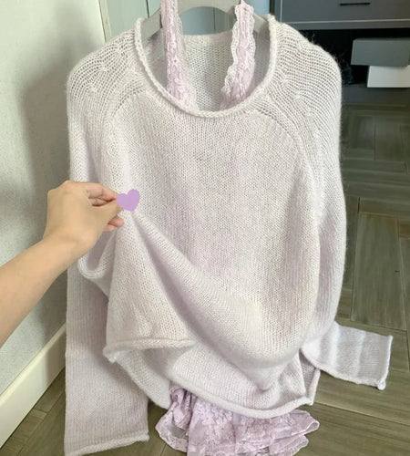 2025 Autumn Y2k Aesthetic Two Pieces Set Sweet Solid Knitted Hollow Out Pullover + Fairy Lace Halter Mini Streetwear Vest Dress