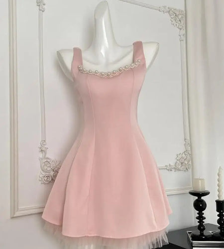 Summer 2024 Retro Pink Mesh Pearl Bead Sleeveless Backless Elegant Sexy Prom Dress Women Clothes Birthday Party Slip Short Dress