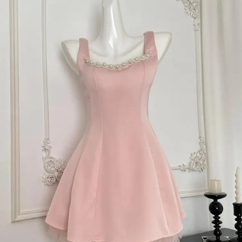 Load image into Gallery viewer, Summer 2024 Retro Pink Mesh Pearl Bead Sleeveless Backless Elegant Sexy Prom Dress Women Clothes Birthday Party Slip Short Dress
