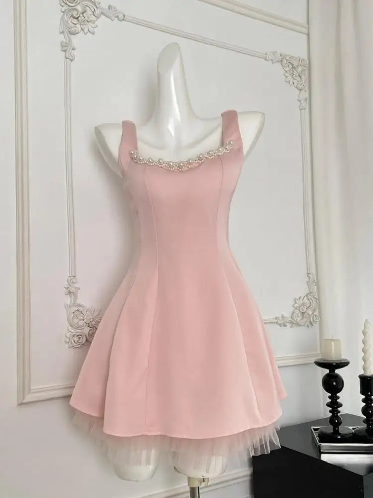 Summer 2024 Retro Pink Mesh Pearl Bead Sleeveless Backless Elegant Sexy Prom Dress Women Clothes Birthday Party Slip Short Dress