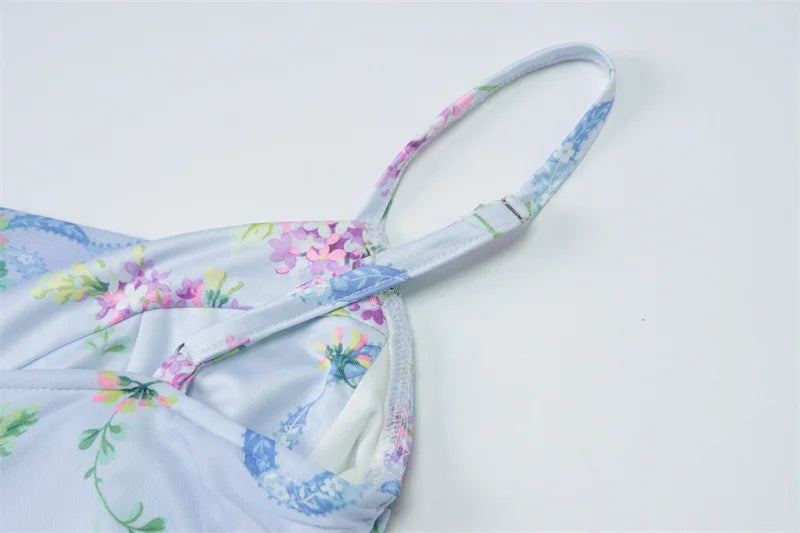 Sleeveless Print Spaghetti Strap Slash Neck Sexy Backless Thigh Split Maxi Dress Women Pleated Vacation Dress Summer