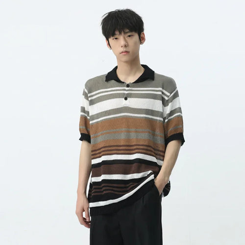 Load image into Gallery viewer, T-shirt Stripe Knitted Contrast Color Short Sleeve Male Clothing Casual Lapel Single Breasted Pullover Men&#39;s Top 9C5379
