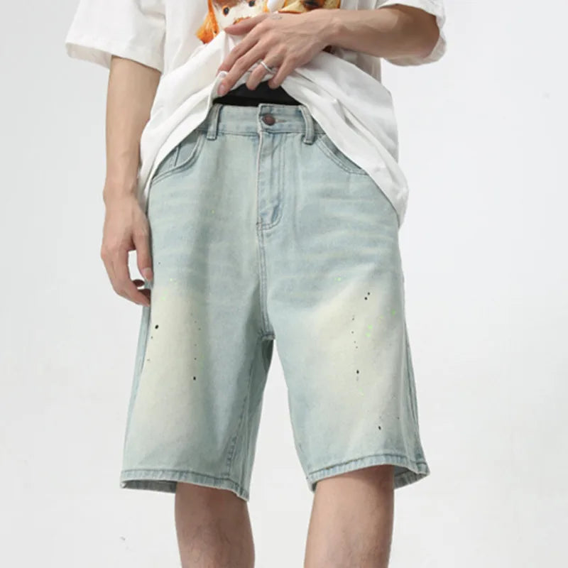 High Street Denim Pants Straight Men's Shorts Zipper Causal Wide Leg Male Trousers Knee Length Chic Summer 9C6094