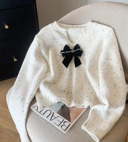 White Long Sleeve Knitted Women Bright Silk Bow Sweater Red V-neck Office Lady Button Casual Pullover Top Autumn Winter