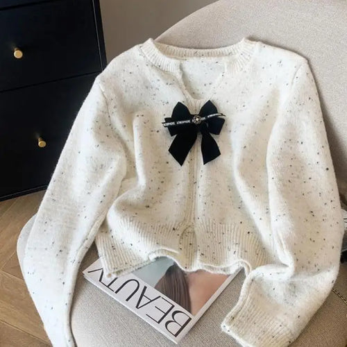 Load image into Gallery viewer, White Long Sleeve Knitted Women Bright Silk Bow Sweater Red V-neck Office Lady Button Casual Pullover Top Autumn Winter
