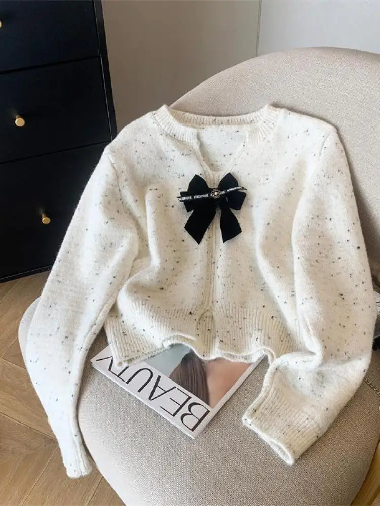 White Long Sleeve Knitted Women Bright Silk Bow Sweater Red V-neck Office Lady Button Casual Pullover Top Autumn Winter