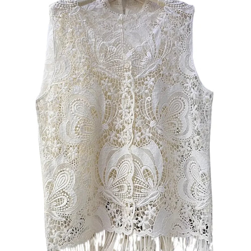 Load image into Gallery viewer, Solid Hollow Out Loose T Shirts For Women O Neck Sleeveless Minimalist Casual Spliced Tassel T Shirts Female New
