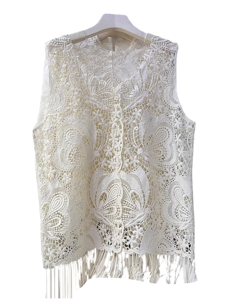 Solid Hollow Out Loose T Shirts For Women O Neck Sleeveless Minimalist Casual Spliced Tassel T Shirts Female New