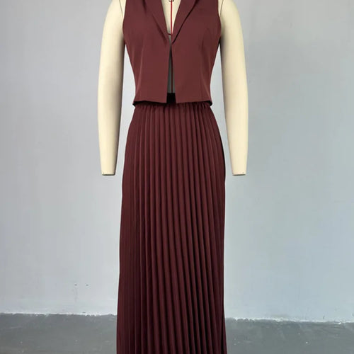 Load image into Gallery viewer, Fashion Skirt Two Piece Sets Women Notched Collar Sleeveless Crop Tops And Midi Skirt Femme Elegant Pleated Skirt Sets
