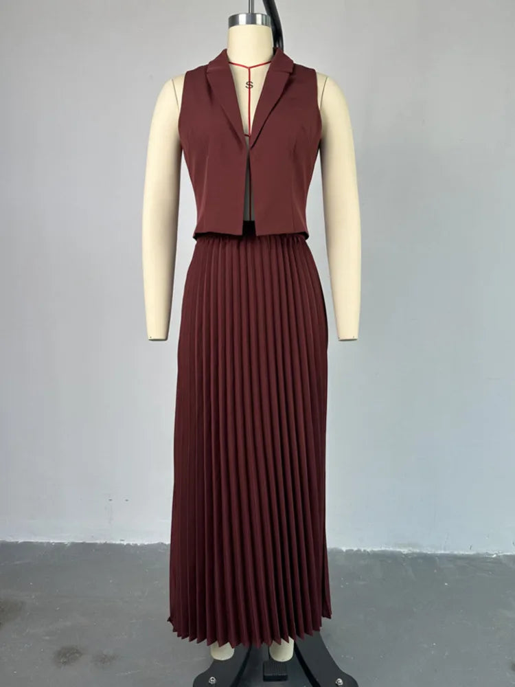 Fashion Skirt Two Piece Sets Women Notched Collar Sleeveless Crop Tops And Midi Skirt Femme Elegant Pleated Skirt Sets