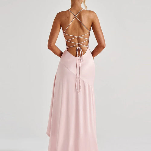 Ruffles Spaghetti Strap Women Maxi Dress Sexy Backless Bandage High Split A-line Long Dresses Elegant Evening Partywear