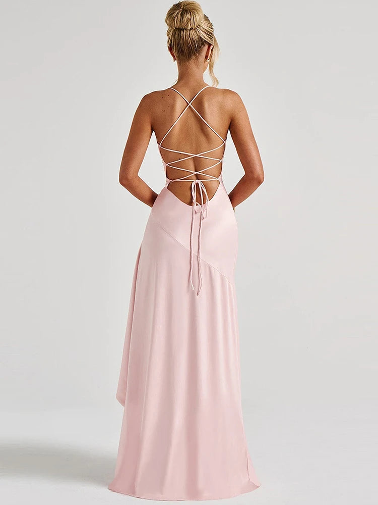 Ruffles Spaghetti Strap Women Maxi Dress Sexy Backless Bandage High Split A-line Long Dresses Elegant Evening Partywear