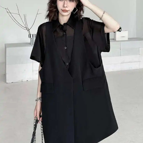 Load image into Gallery viewer, Women Black Pocket Perspective Big Size Mini Shirt Dress New Lapel Half Sleeve Fashion Tide Spring Autumn 2025 1DH5144
