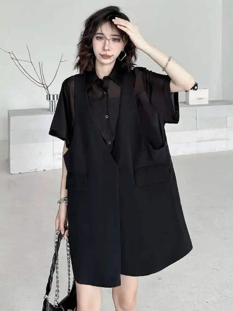 Women Black Pocket Perspective Big Size Mini Shirt Dress New Lapel Half Sleeve Fashion Tide Spring Autumn 2025 1DH5144