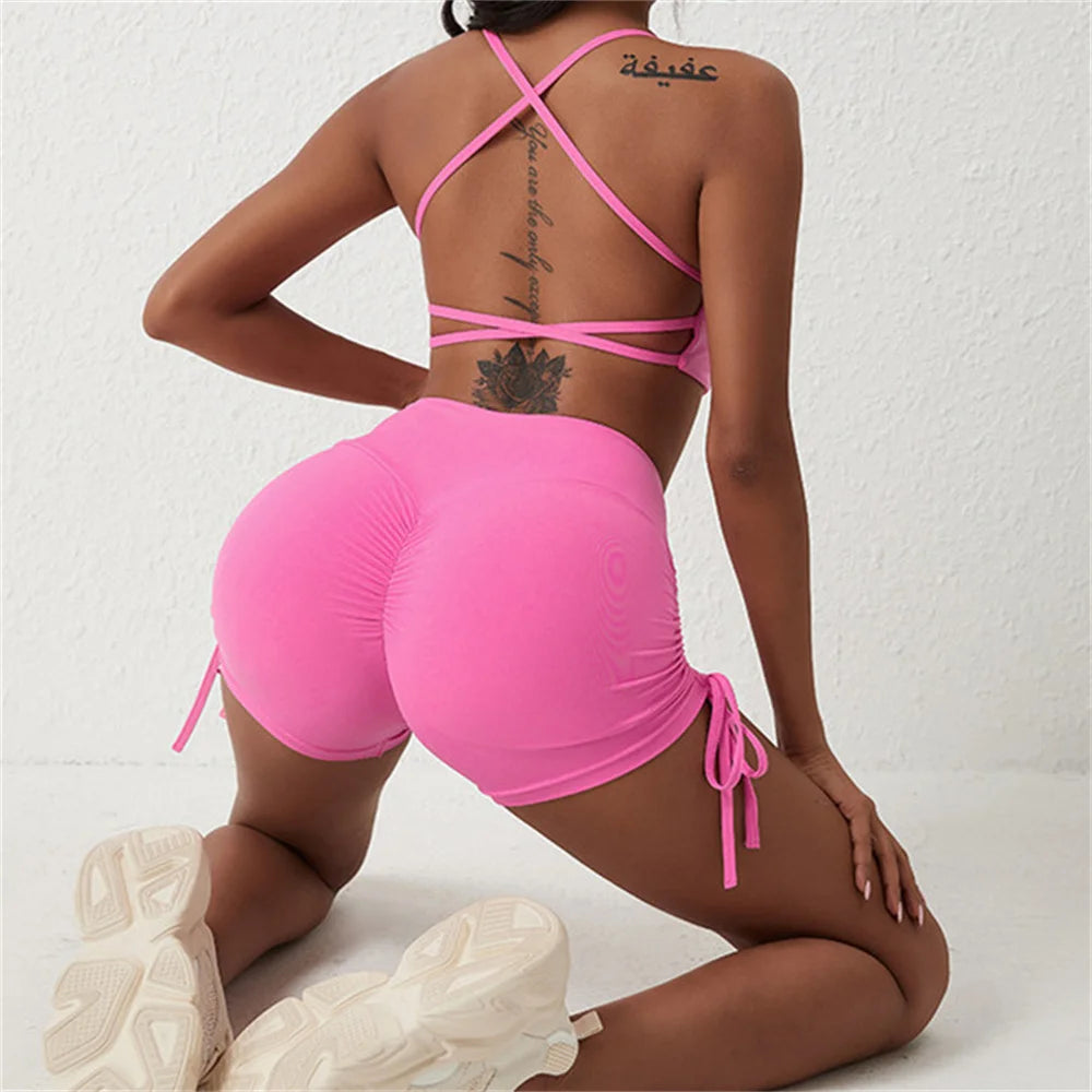 Nylon Side Drawstring Yoga Shorts Fitness Women High Waist Tummy Leggings Scrunch Butt Booty Fitness Running Sport Tights